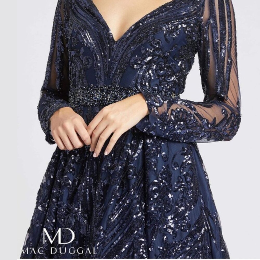 Mac Duggal 67113 Size‎ 18 Dark Navy Blue Long Sleeve Gown Maxi Dress Ballgown - Picture 2 of 3